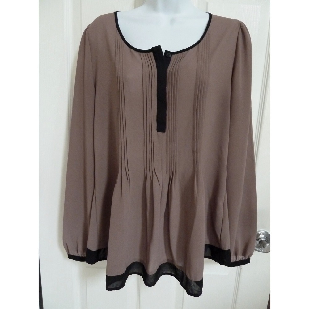 Spense Women Brown Black Pin-Tucked Balloon Sleeve Blouse Semi-Sheer Career L